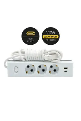 Günsan 20W QC3.0 PD Type-C + USB Çift Çıkışlı Üçlü Çocuk Korumalı Topraklı Anahtarlı Grup Priz 3 Metre