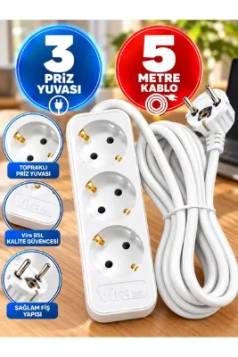 3’lü Uzatma Prizi – 5 Metre Kablolu