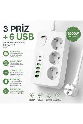 SMAYLİNG Akım Korumalı 3’lü Priz – 2×USB-C + 4×USB-A Hızlı Şarj, 2m Kablo, Çocuk Korumalı Çoklu Priz