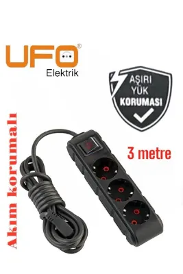 UFO Akım korumalı grup priz (((siyah renk))) 3 mt kablolu (1.sınıf kaliteli)anahtarlı