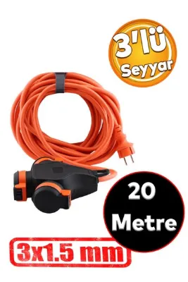 Badem10 Monofaze Çoğaltıcı Seyyar Topraklı 3'lü Grup Priz Fiş 20 Metre Çoklu Cca Uzatma Kablosu 3x1.5 Mm