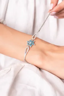 carrot silver 925 Ayar Gümüş Aqua Taşlı Kamelya Çiçeği Bileklik-Hediye Paketli