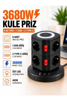 Moxti 3680W Kule Tipli 8x Priz 1x Usb,2xType-c Şarj 2 Metre Kablo Uzunluğu Led Aydınlatma