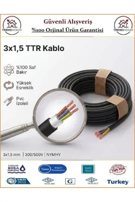 ÖZNUR 3x1,5 TTR Elektrik Kablosu - El Aletleri Uzatma Kablosu - Siyah - %100 Bakır - 2 Metre