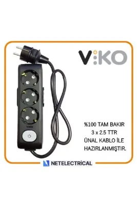 VİKO Multi-let Siyah 3'lü 3 Metre Anahtarlı Topraklı Ç.K (3x2.5 TTR TAM BAKIR KALIN KABLOLU) Grup Priz