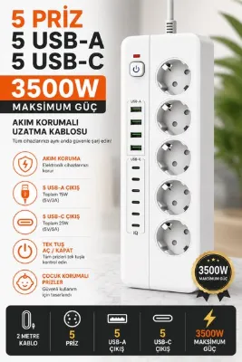 DURUBO 3000W Akım Korumalı 5’li Priz | 5 USB-A + 5 Type-C | Açma Kapama Anahtarlı | 2 Metre Kablo