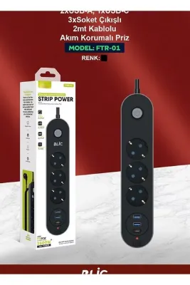 HİBOTEKNO FTR-01 Akım Korumalı Priz 3 Priz 3 USB 1 Type-C Hızlı Şarj Çoklu Priz