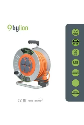Bylion SEYYAR AÇIK MAKARA TURUNCU KABLO 30 metre 3x2,5mm MMP-30325-F Metal Gövde 4lü-Kapaklı-Priz Bobin