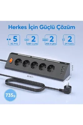 SMAYLİNG 5’li Köşe Priz 2 Metre Kablolu Gece Işıklı Akım Korumalı Masaüstü Çoklu Priz 3680W