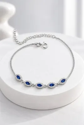 jelux silver Gümüş 925 Ayar Oval Zirkon Safir Taşlı Suyolu Ayarlanabilir Bileklik