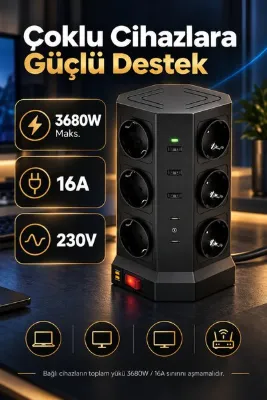 The Wlue 12’li Akım Korumalı Kule Priz | 3680W | 16A | 1050J | 3xUSB-A | 2xType-C PD 20W | 2 Metre