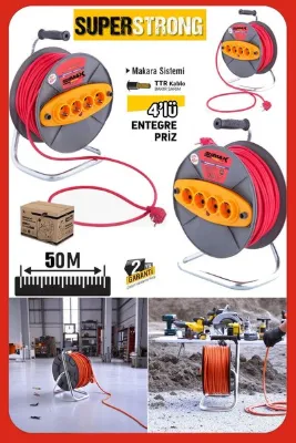 stilmax Metal Ayaklı Makaralı Uzatma Kablosu 3x2.5 mm 50 Metre 4 Prizli Seyyar Uzatma Kablosu Atölye Ev Tip