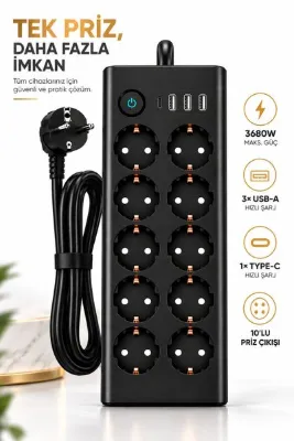 RAYLAX 10’lu Akım Korumalı Priz 3680W 3 USB-A + 1 Type-C Hızlı Şarj 2 Metre Kablo