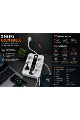 MEGAMUS 6’lı Akım Korumalı Priz – 2 USB-C + 4 USB-A | 3500W 16A | 2 Metre Kablolu