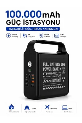 DEANB 100000mAh Powerbank 22.5W Hızlı Şarj Dahili Kablolu LCD Ekranlı LED Fenerli 3A Taşınabilir Güç İstasyonu
