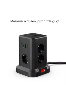 SMAYLİNG 3 USB-A + 1 Type-C Çıkışlı Kule Tipi Akım Korumalı Çoklu Priz – Tek Tuş Kontrol, Kompakt Masaüstü