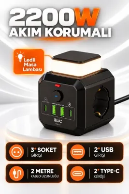 Enshall Mini Blic Pro Gece Lambalı 2 Metre Uzatma Kablolu Akım Korumalı 1050J Çoklu Priz 3X AC Priz+ 2X USB + 2X TYPE-C