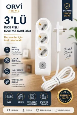ORVİ prime Özel Tasarım 3’lü İnce Fişli Uzatma Prizi 5 m | Açma Kapama Düğmeli | Mobilya ve Beyaz Eşya Arkası İçin