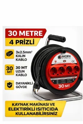 AKDEN Kablo 30 Metre 3x2,5mm Makaralı Uzatma Kablosu Tam Kesit Kaynak Makinası Kullanıma Uygundur