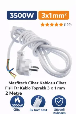 Masfitech Cihaz Fişli Ttr Topraklı Kablo 3 X 1 Mm 2 Metre Beyaz