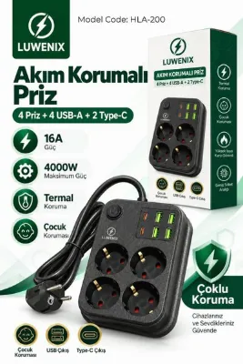 Luwenix 5mt 4’Lü Akım Korumalı Çoklu Priz – 4 USB + 2 Type-C | 4000W 16A | 4000 Joule | 5 Metre Bakır Kablo