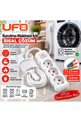 UFO Yüksek Güçlü Cihazlar İçin Uzatma Kablosu 3x2,5 mm² – Kurutma Makinesi Çamaşır Makinesi Bulaşık Makinesi ısıtıcı için Topraklı Anahtarlı Priz 5 Metre (Beyaz)