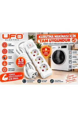 UFO 1.5 Metre Kurutma Makinesi Uzatma Kablosu 3x2,5 mm² Bakır Kablo 16A Topraklı Priz 3 lü akım korumalı anahtarlı grup priz (Beyaz) 1.sınıf kaliteli