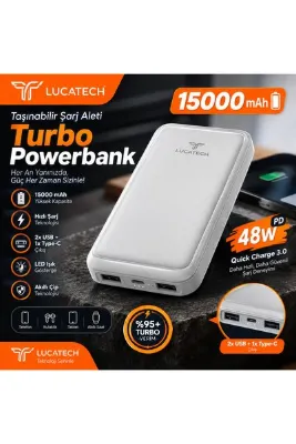 LUCATECH LP-510 15000 mAh Powerbank 48W PD Hızlı Şarj, 2x USB + Type-C,