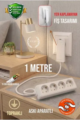 Aryes Dar Alanlar İçin İnce Başlıklı 1 Metre 4'lü Priz - 3x1.5 Bakır İletkenli Yüksek Kaliteli Uzatma