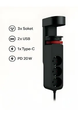 ÇELİKWORK Masa Tutacaklı Akım Korumalı 2xusb-a, 3'lü Priz, Pd 20w 1usb-c Tepe-c Çoklayıcı Tutacaklı Priz