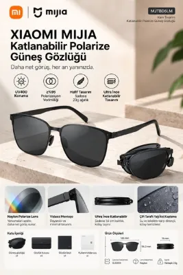 Xiaomi Mijia Katlanabilir Polarize Güneş Gözlüğü UV400 %99+ UV Koruma Nylon Lens 8 Katman OAR Siyah Square Unisex MJTB06LM