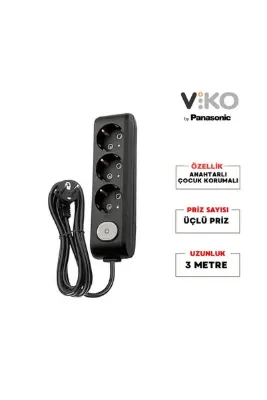 Viko | Üçlü Grup Priz, Anahtarlı Topraklı - Çocuk Korumalı Çoğaltıcı Priz, 3'lü, 3 m, Siyah
