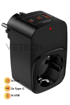 Vetech Akım Korumalı Priz 1x Priz, 2x Type-C, 1x USB Port Çıkışlı Tekli Priz