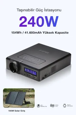KALİTESENİNLE 240W Taşınabilir Güç İstasyonu 41600 mAh Kablosuz Şarjlı Solar Destekli Hızlı Şarj 154Wh Kapasiteli