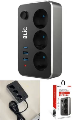 omilife 2 Metre Siyah Akım Çocuk Korumalı Uzatma Kablosu Çoklu Priz 2 Usb Type-C 3lü Grup