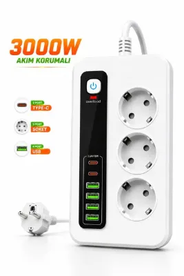 RAYLAX 3000W Akıllı 3'lü Priz USB' li Uzatma Kablo - 4 USB + 2 Type-C Hızlı Şarj 2 MT UZATMA KABLO