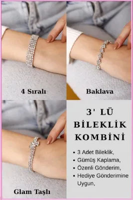 HUBANN 3’lü Taşlı Bileklik Seti | 3 Sıralı Taşlı Bileklik, Mekik Taşlı & Baklava Desenli
