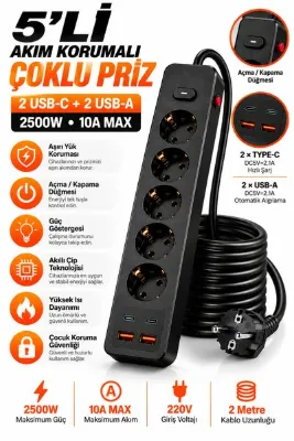 SAYMOND Pro Akım Korumalı Topraklı 5'li Çoklu Priz 2 USB-C 2 USB-A Çıkışlı 2500W Anahtarlı Uzatma Prizi