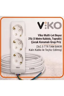 VİKO Multi-Let Beyaz 3'lü 5 Metre Topraklı Çocuk Korumalı Grup Priz (3x2.5 TTR Tam Bakır Kalın Kablo)