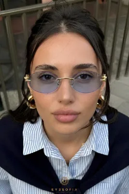 Eyesofia Cartiess Unisex Elips Mavi Gold Çerçeveli Ultra Hafif Uv400 Filtreli Güneş Gözlüğü