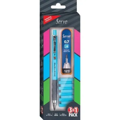 Serve Steps Versatil Kalem 0.7 mm + Min + Silgi 3'lü Set Fosforlu Mavi
