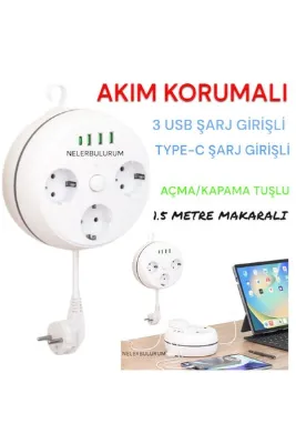 nelerbulurum MAKARALI 1.5 METRE ÜÇLÜ AKIM KORUMALI 3 USB / Type-C Girişli Akım ve çocuk Korumalı Grup Priz