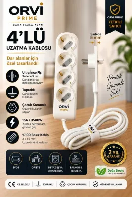 ORVİ prime Yeni Nesil 4’lü Uzatma Kablosu 3 m – Dar Alanlar İçin Ultra İnce 5 mm Fişli, Topraklı, Çocuk Korumalı – Beyaz