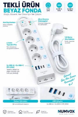 numvox FTR-33 Akım Korumalı 4’lü Çoklu Priz – 3680W 16A, 1050J, 2 USB-C PD 20W + 2 USB-A, Ayrı Ana