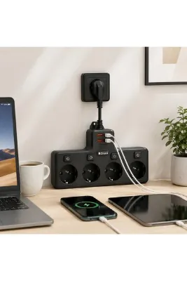 Buldug 3500W 7in1 Anahtarlı Çoklayıcı Priz – 4 Priz + 2 USB + Type-C – Alev Korumalı Güvenli Tasarım