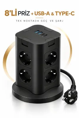 RAYLAX 8’li Çoklu Priz USB-A + Type-C Şarj Girişli Güç ve Şarj İstasyonu