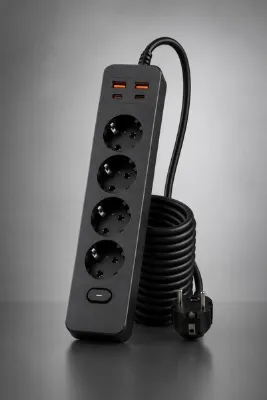 MEGAMUS PRO-EU01 4’lü Akım Korumalı Çoklu Priz – 2 USB-C + 2 USB-A | 2500W 10A Max | 2 Metre Kablolu