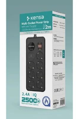 Forestia 7'li Priz 4 USB Portlu (2 Type-C + 2 USB-A) 2m Kablolu Akıllı Akım Korumalı Şarj İstasyonu - 2500W