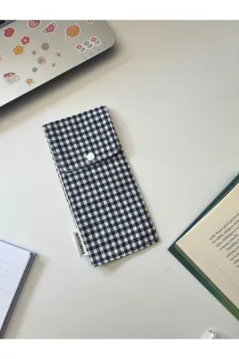 sumicorn Lacivert Pötikareli Yıkanabilir Keten Çıt Çıt Detaylı Gözlük Kılıfı Gözlük Çantası Kalemlik