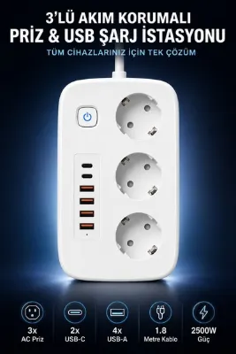 Omaze 3’lü Akım Korumalı Priz 2500W 2 USB-C 4 USB-A Hızlı Şarjlı 1.8 Metre Kablolu Çoklu Priz